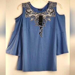 Sheilay Blue Cold Shoulder Top with Black and White Embroidery Sz XXL (NWT)